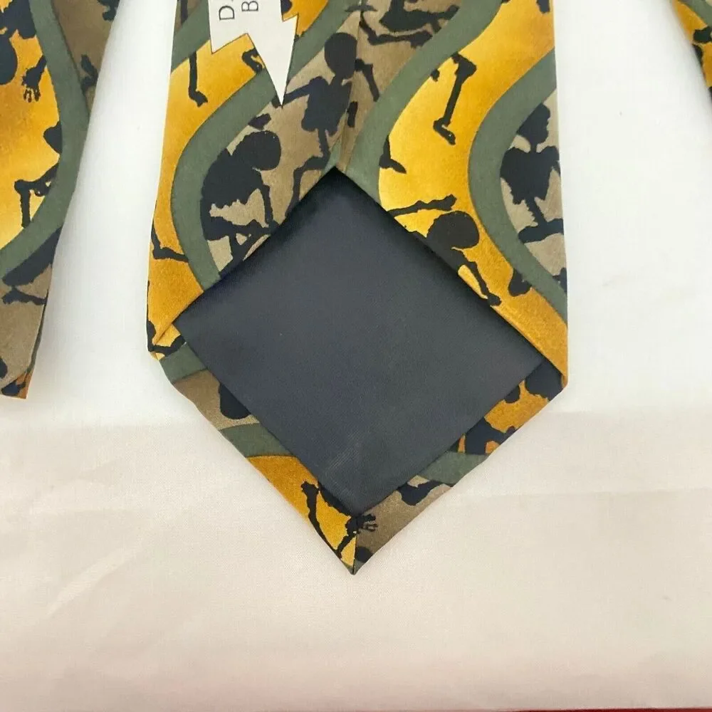 #5592 Grateful Dead Mustard Yellow and Olive Green Skeletal Necktie, Tie 55X4